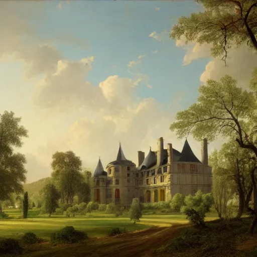 Image similar to a large serene beautiful matte painting of a delapitaded quaint french country castle in a state of disrepair, covered in vines, by asher brown durand and george ault featured on artstation