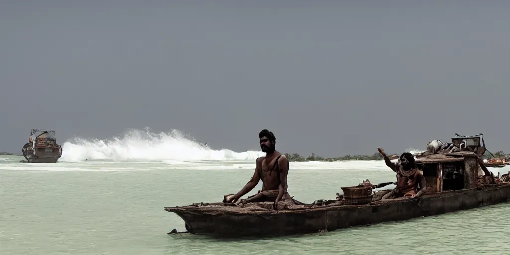 Image similar to sri lankan mad max style on boats, ocean, film still, epic shot cinematography, rule of thirds