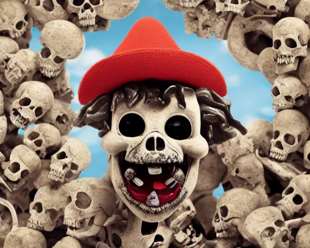 Image similar to Happy little puppy with bloody mouth stands atop a huge pile of human bones and skulls, whimsical render, cute, Pixar animation, movie still, 4k, 3d render, bold colors, wide angle