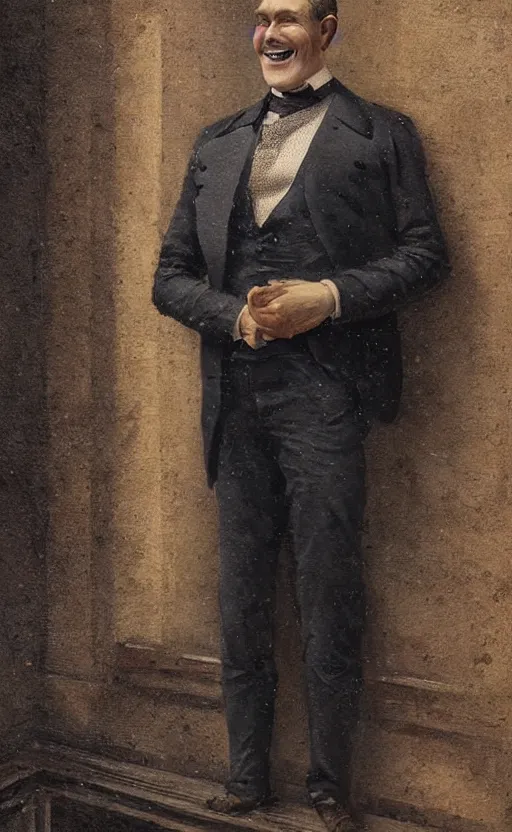 Prompt: portrait of a smiling victorian gentleman wearing a suit, happy, standing on a balcony, detailed face, 1 9 th century, highly detailed, cinematic lighting, digital art painting by greg rutkowski