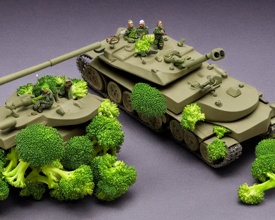 Prompt: close-up, hi-res photo of miniature toy soldiers operating a tank made out of broccoli.