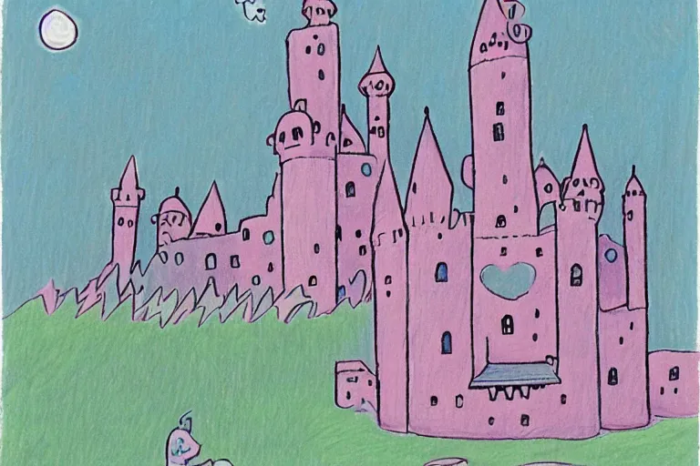 Image similar to a drawing of a pink and blue castle, a storybook illustration by tove jansson, tumblr, psychedelic art, concept art, storybook illustration, whimsical