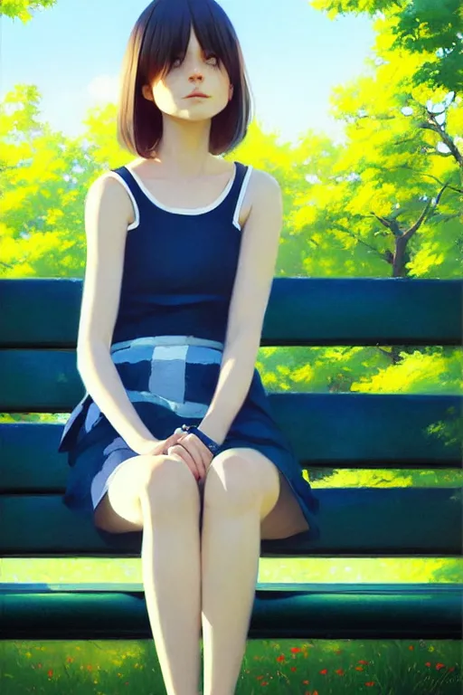 Image similar to A ultradetailed beautiful panting of a stylish girl siting on a park bench, bright sunny day, Oil painting, by Ilya Kuvshinov, Greg Rutkowski and Makoto Shinkai