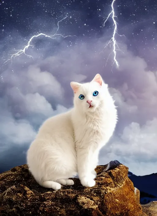 Image similar to giant little baby white cat on a snowy mountain with lightning coming out of its paws, blue sky background with moon