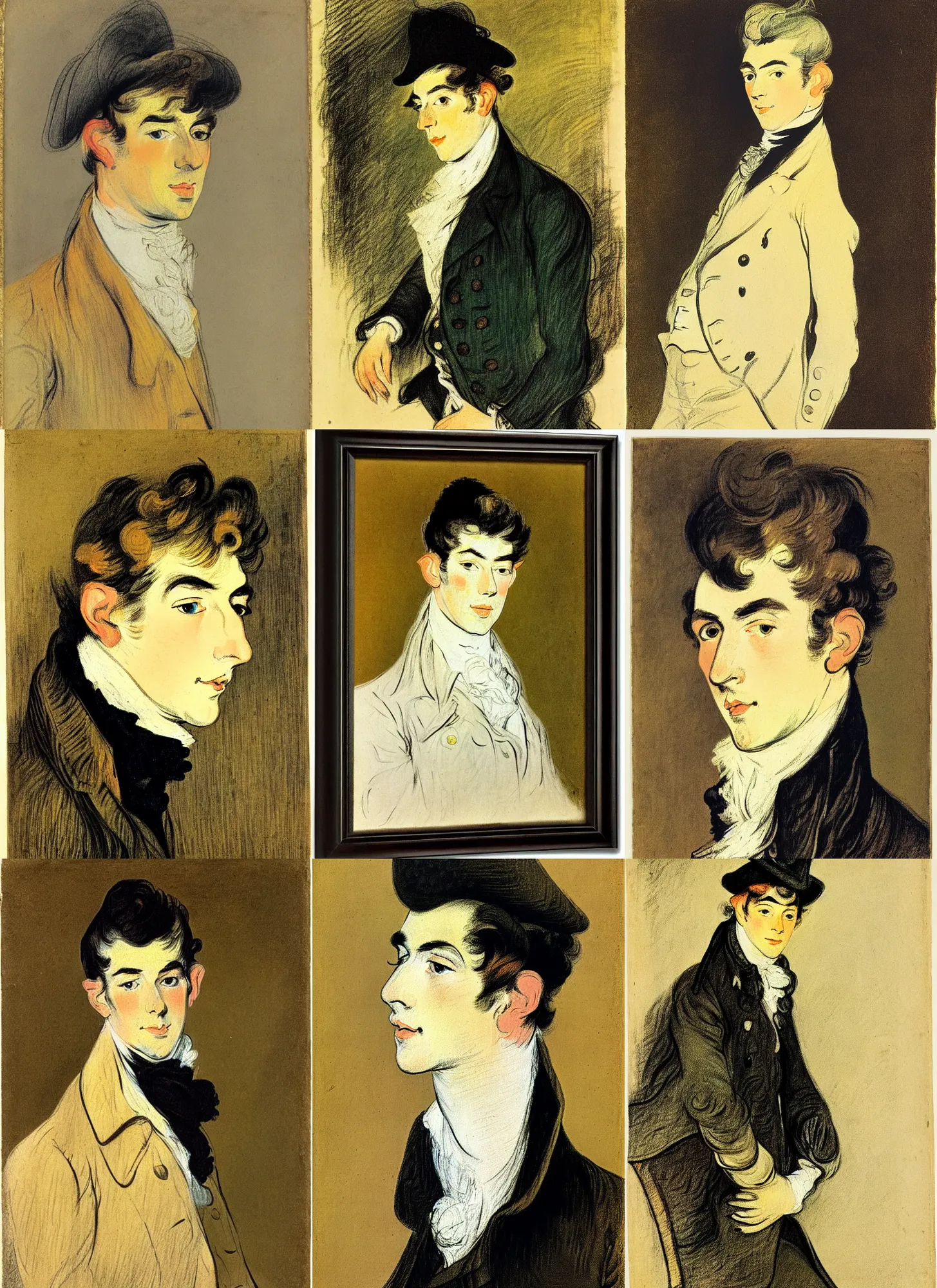 Prompt: portrait of a young man, illustrated by thomas gainsborough and henri de toulouse - lautrec