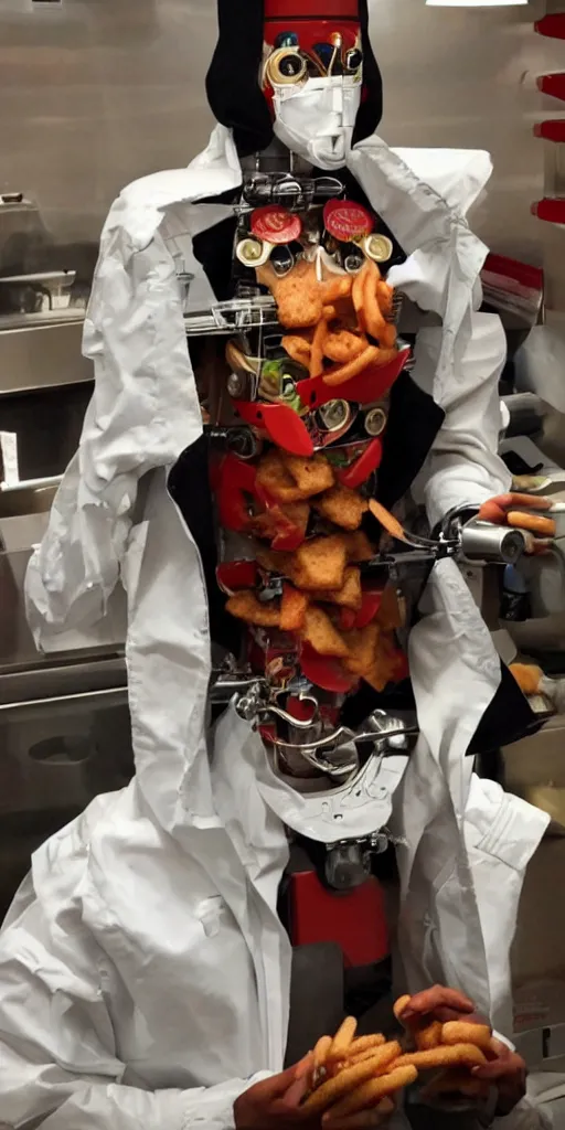 Prompt: a beautiful cyborg made of fast food ceremonial maske