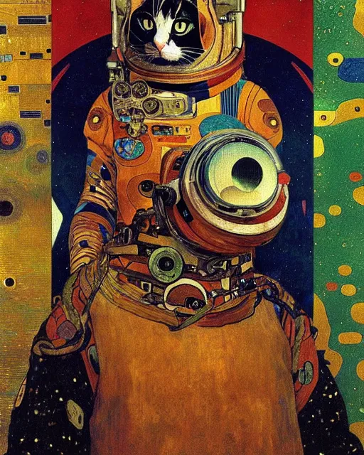 Prompt: cosmonaut cat portrait an oil painting splashes with many colors and shapes by gustav klimt greg rutkowski and alphonse mucha, polycount, generative art, psychedelic, fractalism, glitch art