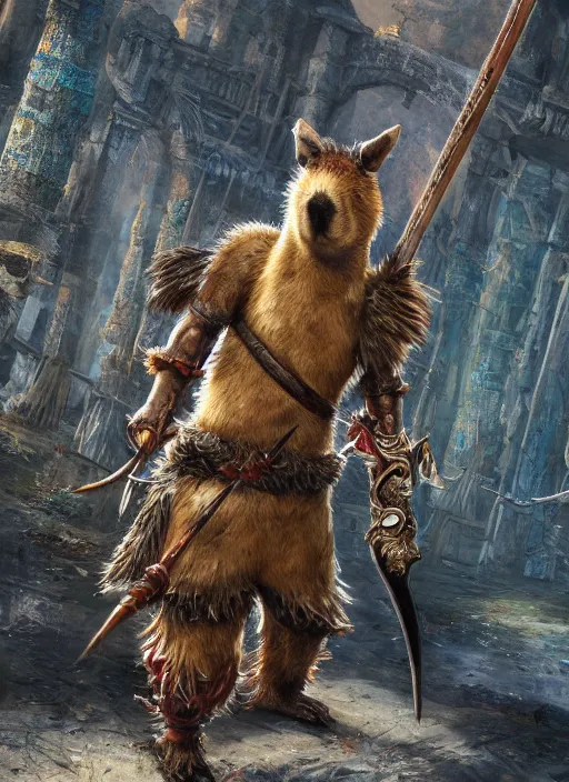 Image similar to detailed full body concept art illustration, oil painting on canvas of an anthropomorphic capybara barbarian swinging a two handed sword in full intricate clothing, biomutant, dystopian, micro detail, octane render, 4K