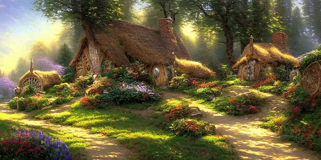 Prompt: thomas kinkade painting of the shire from lotr, hobbit homes,
