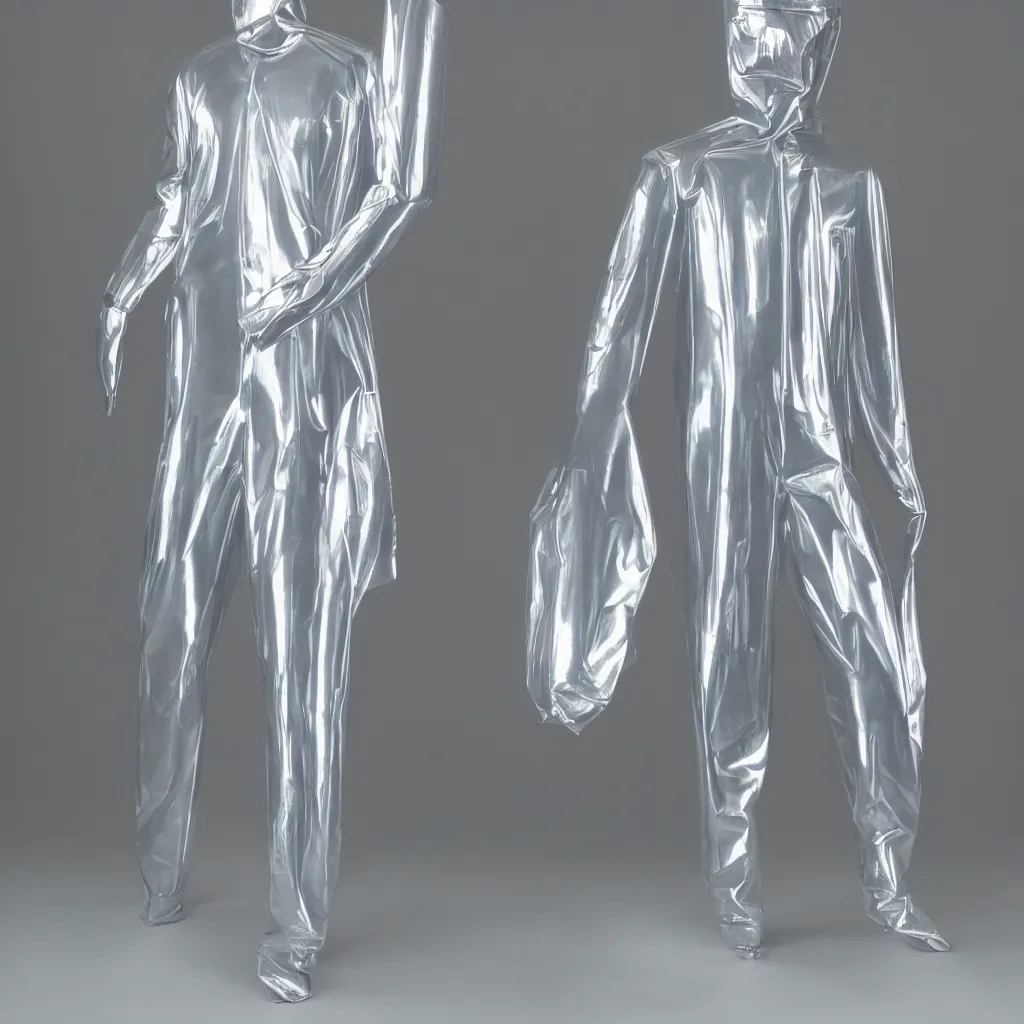 Prompt: a inflatable transparent human, chrome effect metallic