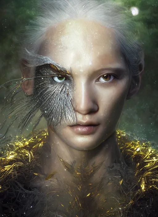 Image similar to glowing silver and golden elements, full close-up portrait, realistic crow, book cover, green forest, white moon, establishing shot, extremly high detail, photo-realistic, cinematic lighting, by Yoshitaka Amano, Ruan Jia, Kentaro Miura, Artgerm, post processed, concept art, artstation, matte painting, style by eddie mendoza, raphael lacoste, alex ross