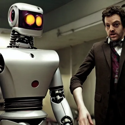 Image similar to movie still of a man and a robot in a moment of jealousy, movie by edgar wright