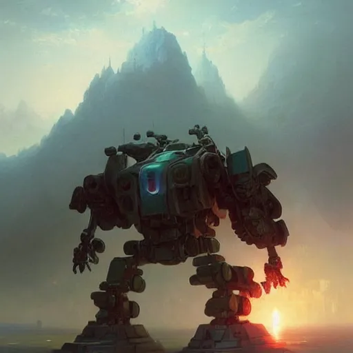 Prompt: a giant mech robot full detailed realistic atmosferic made by ivan aivazovsky, peter mohrbacher, greg rutkowski volumetric light effect broad light oil painting painting fantasy art style sci - fi art style realism premium prints available artwork unreal engine