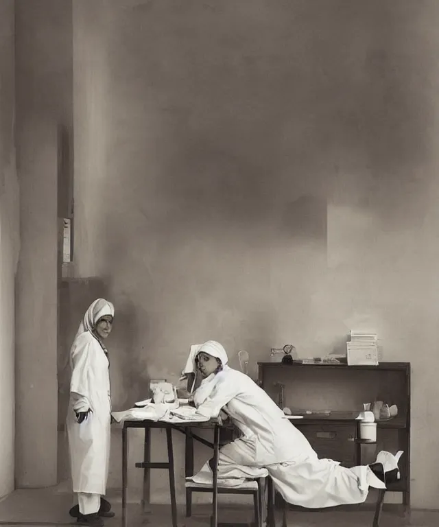 Prompt: a color photograph of the nurse marzieh zakeri in her workplace, by thomas ruff, out of place, intense, bold, hyperrealistic, ultra sharp, extra details, ultra high quality, trending on pinteresst