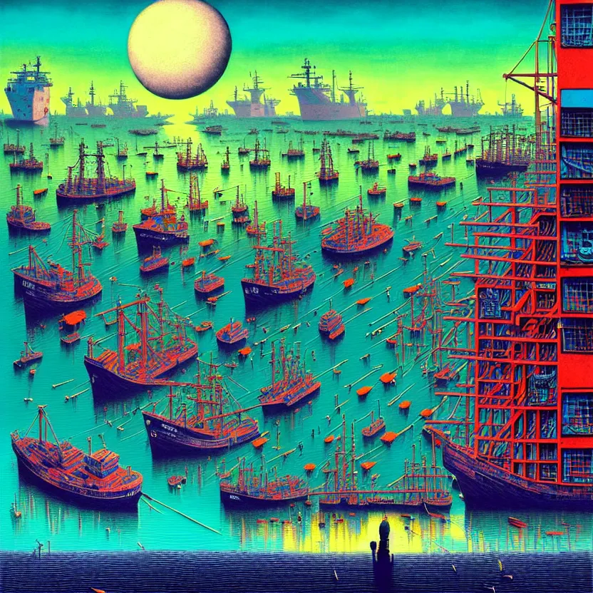 Image similar to surreal glimpse into other universe, a shipping seaport, summer morning, very coherent and colorful high contrast, art by!!!! gediminas pranckevicius!!!!, geof darrow, floralpunk screen printing woodblock, dark shadows, hard lighting, stipple brush technique,