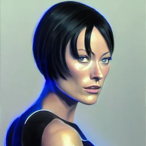 Image similar to olivia wilde as quorra, black bob cut hair, tron legacy setting, close - up, intricate details, mysterious feeling, crisp, vivid colors, blue filter, by gregory manchess, oil on canvas, 8 k