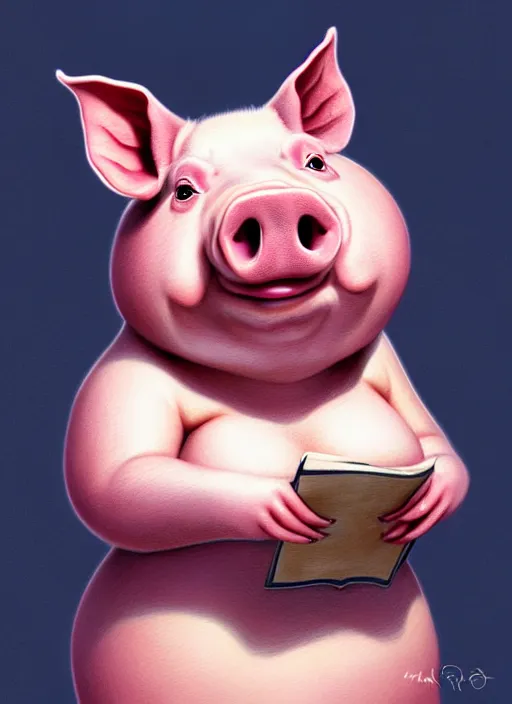 Image similar to Full body Chubby Pig character portrait of a female humanoid pig by Mark Arian. She has a cute beautiful attractive detailed pig snout. She is Sitting on a stove oven where the fire is burning from underneath her visibly. Character design by charlie bowater, ross tran, artgerm, and makoto shinkai, detailed, inked, western comic book art