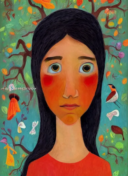 Image similar to a wonderful childrens illustration book portrait painting of a woman, art by tracie grimwood, colorful, mushrooms, birds, squirrel, whimsical, aesthetically pleasing and harmonious natural colors