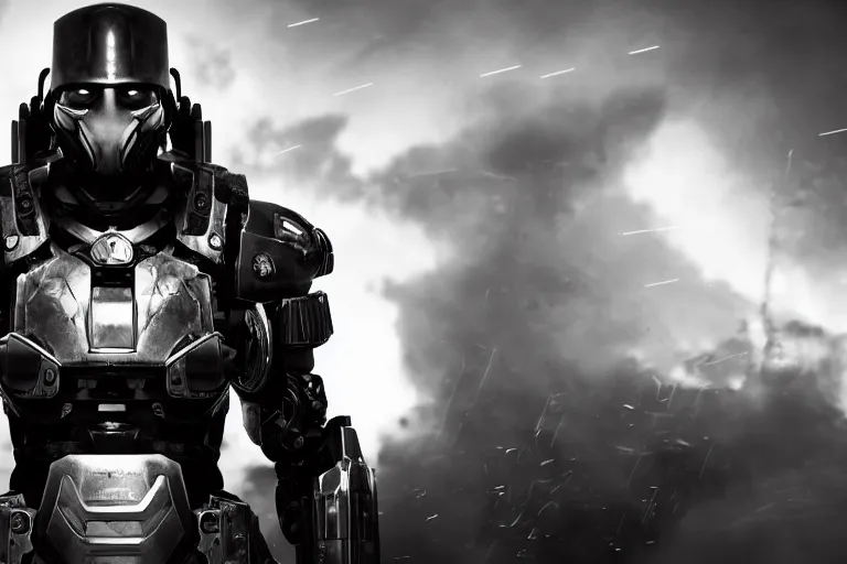 Image similar to still photo of a iron tech age war man looking at the camera in a battlefield, black and white color aesthetic, highly detailed, photorealistic portrait, bright studio setting, studio lighting, crisp quality and light reflections, unreal engine 5 quality render
