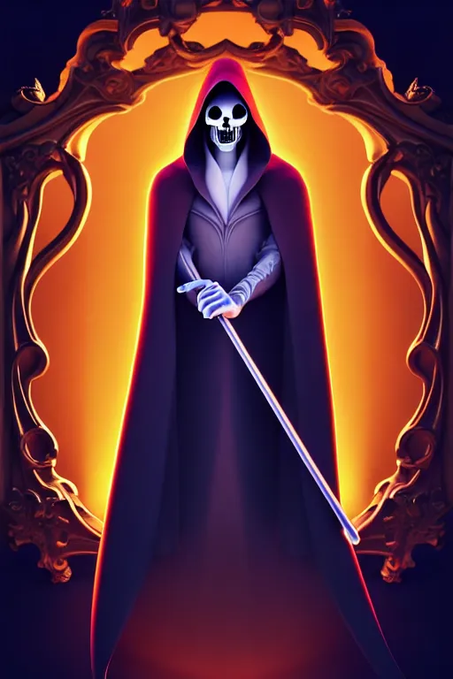 Prompt: video game cover, disney grim reaper dressed with a cape, intricate baroque style. by glen keane, by goro fujita, by octavio ocampo, masterpiece. intricate artwork, very coherent symmetrical artwork, cinematic, octane render, smooth gradients, high contrast. full body character, clean ink detailed line drawing