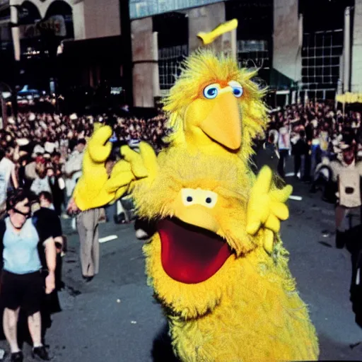 Image similar to a 35mm photo of Big Bird inciting a riot