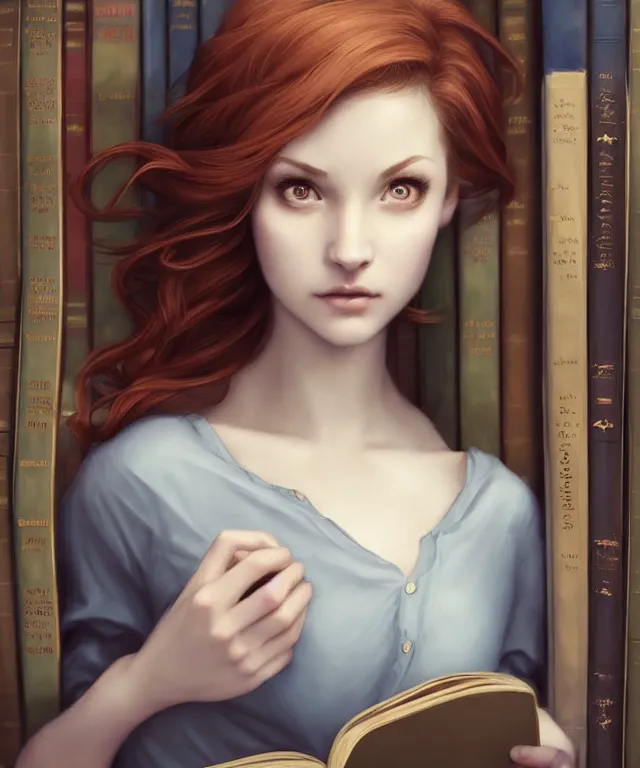 Prompt: cute female librarian in crowded library by charlie bowater and titian and artgerm, portrait, intricate, face, bookshelves, ginger hair, grey eyes, playful, dust, elegant, blue mist, beautiful, highly detailed, dramatic lighting, sharp focus, trending on artstation, artstationhd, artstationhq, unreal engine, 4 k, 8 k