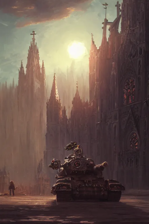 Image similar to a mobile driving ornate cathedral church as tower mounted on a tank with chain drive, warhammer 4 0, scene in an open field. key visual, conceptart, ambient lighting, highly detailed, digital painting, artstation, concept art, sharp focus, by makoto shinkai and akihiko yoshida and kris kuksi