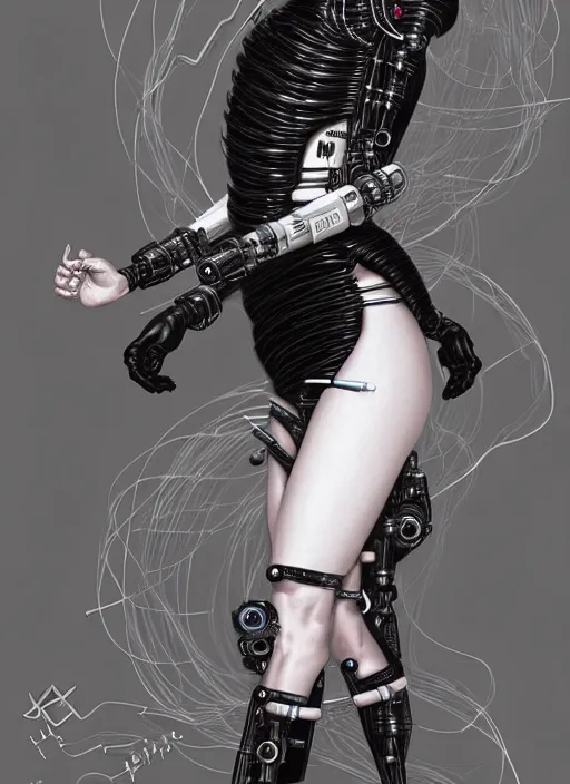 Prompt: kanna hashimoto as a absurdly beautiful cyborg, wearing a black dress, graceful, sophisticated, complex wiring and circuits, tarot card, highly detailed, digital painting, intricate linework, porcelain skin, octane rendered, sharp focus, ultra realistic, 8 k, art by artgerm, kim jung gi