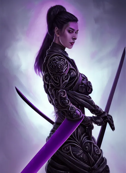 Prompt: back, behind, portrait of a woman in purple leather future armor with a long black ponytail, holding a katana with glowing purple runes carved into the katana, intricate, elegant, candle light, highly detailed, digital painting, artstation, concept art, smooth, sharp focus, illustration, art by wlop, mars ravelo and greg rutkowski