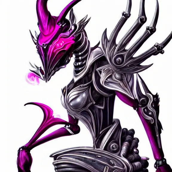 Image similar to highly detailed exquisite fanart, of a beautiful female warframe, but as an anthropomorphic elegant robot dragon, shiny white silver plated armor engraved, robot dragon head, Fuchsia skin beneath the armor, sharp claws, long tail, robot dragon hands and feet, two arms and legs, elegant pose, close-up shot, full body shot, epic cinematic shot, professional digital art, high end digital art, singular, realistic, DeviantArt, artstation, Furaffinity, 8k HD render, epic lighting, depth of field