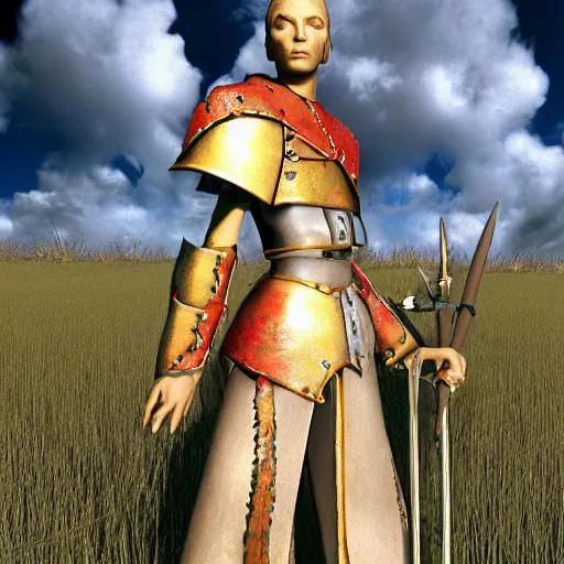 Image similar to a paladin posing in a field, 3 dcg, ps 1, morrowind, mmorpg, portrait, fashion photography, by mario testino, davide sorrenti, jemal shabazz