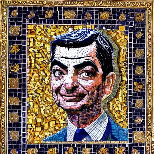 Image similar to a highly detailed ornate and intricate Persian mosaic of Mr. Bean!, gold and cobalt tiles