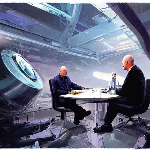 Image similar to illustration of a meeting between elon musk, mark zuckenberg, jeff bezos, very clear face, high quality, very detailled, by artgem, by david rutkowski, greg ruthowski, ruan jia