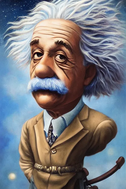 Prompt: breathtakingly beautiful painting of albert einstein dressed as a disney genie, thinking about equations, moonlit sky, matte painting by brian froud, shaun tan, wlo and peter mohrbacher, highly detailed, intricate,, award winning artwork, trending on artstation, high quality printing, fine art