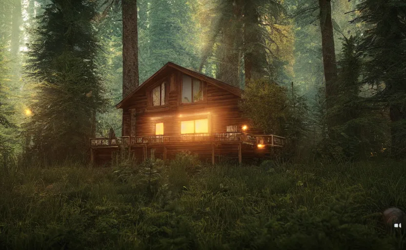 Image similar to biopunk cabin in a photorealistic forest. daylight stars. light fixtures. unreal engine. 8K. detailed. photorealism. artstation. digital render. ultra realistic