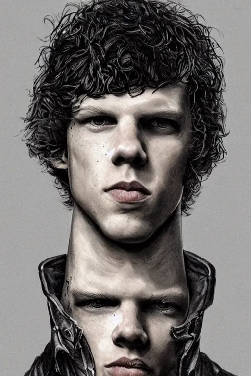 Image similar to Jesse eisenberg as a young man, shaved head, punk, tattered leather coat, intricate, elegant, dramatic lighting, highly detailed, lifelike, photorealistic, digital painting, artstation, illustration, concept art, smooth, sharp focus, art by John Collier and Albert Aublet and Krenz Cushart and Artem Demura and Alphonse Mucha