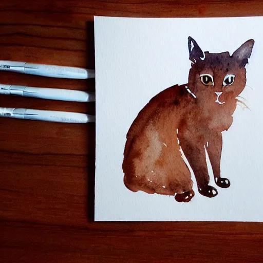 Image similar to simple watercolor painting of an entirely brown cat, light brush strokes,