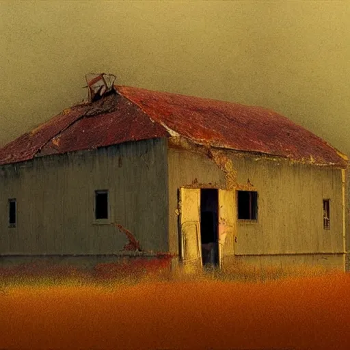 Prompt: an abandoned old rusty American house on a field in style of Zdislaw Beksinski