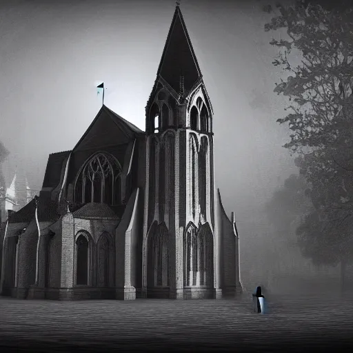 Image similar to victorian church in the middle of the city, dark, misty, at night, 8 k, detailed, concept art, trending on artstation