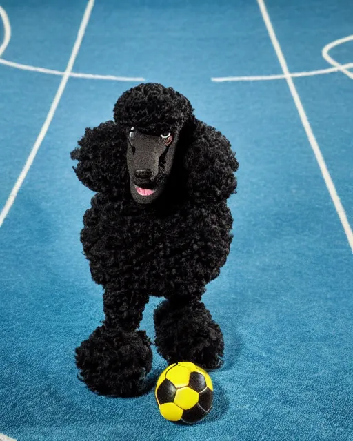 Image similar to a black poodle dog as a muppet playing soccer. highly detailed felt. hyper real photo. 4 k.