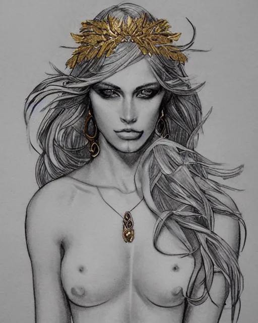 Image similar to tattoo design sketch of hot blonde super model as aphrodite greek goddess wearing a gold laurel wreath and triangle earrings, beautiful piercing gaze with sharp pupils, in the style of greg rutkowski, fantasy, amazing detail, epic, elegant, smooth, sharp focus, front view