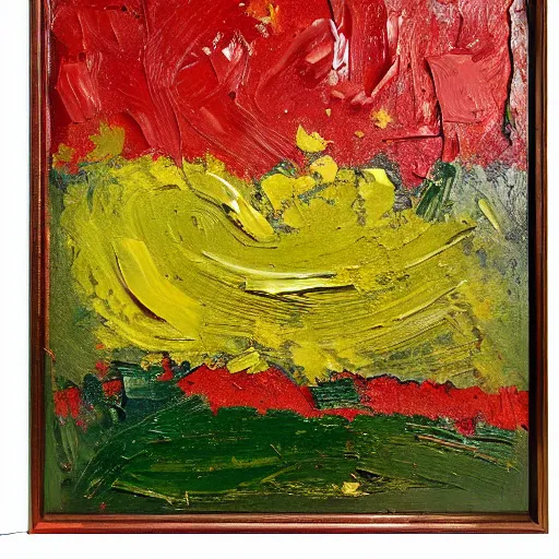 Prompt: oil paint impasto relief, large red and green shiny apple dull naples yellow background, multi layered thick brush marks, some splattered paint, in the style of ivan shishkin and frank auerbach and van gogh