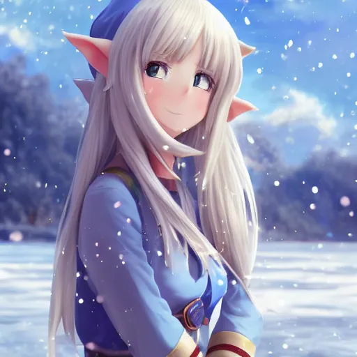 Image similar to a very beautiful anime elf girl, full body, long straight silver hair, happy, sky blue eyes, full round face, short smile, casual clothes, ice snowy lake setting, cinematic lightning, medium shot, mid-shot, highly detailed, trending on Artstation, Unreal Engine 4k, cinematic wallpaper by Stanley Artgerm Lau, WLOP, Rossdraws, James Jean, Andrei Riabovitchev, Marc Simonetti, and Sakimichan