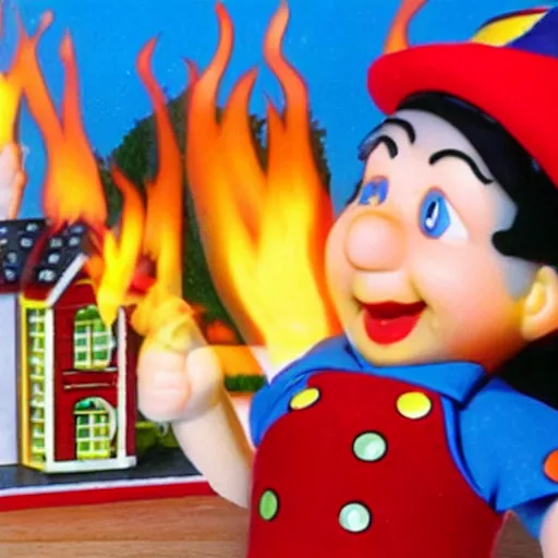 Prompt: noddy setting fire to houses