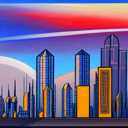 Prompt: this painting is a cityscape done in the style of precisionism. the buildings are all rendered with sharp lines and angles, and the overall effect is one of tension and order. there is a strong sense of geometric shapes in the composition, overall effect is one of calm and serenity, featured on deviantart, space art, matte painting, apocalypse landscape, apocalypse art