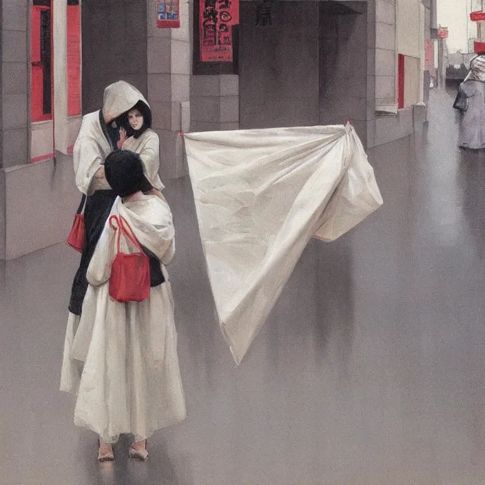 Image similar to two women hugging with a paper bag over the head, dressed in plastic bags, on flooded street of tokyo, highly detailed, artstation, art by , edward hopper, zdislav beksinski, wayne barlowe