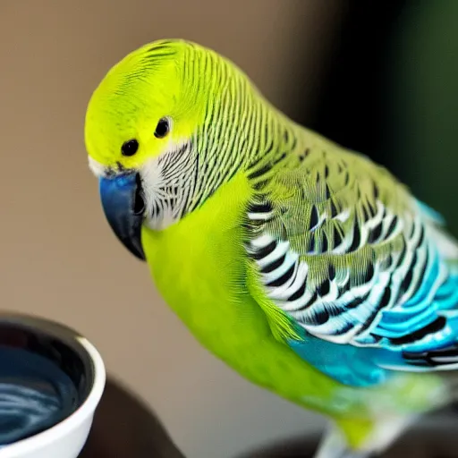 Prompt: a budgie drinking a cup of tea