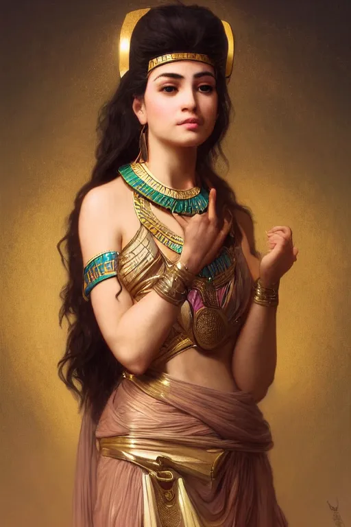 Image similar to Jessica Kahawaty as a beautiful egyptian princess, gorgeous, portrait, powerful, intricate, beautiful, masterpiece, elegant, volumetric lighting, digital painting, highly detailed, artstation, sharp focus, illustration, William-Adolphe Bouguereau, Hajime sorayama, ruan jia