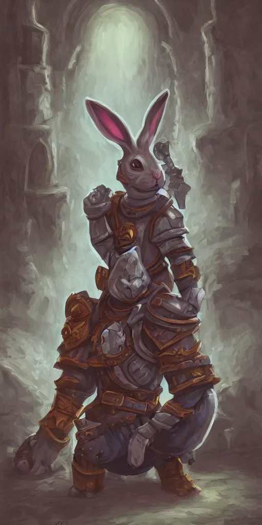 Prompt: Rabbit in Armor sitting in a dungeon, digital painting, hearthstone art