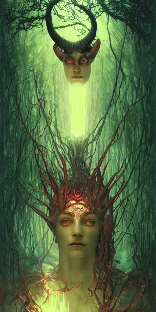 Prompt: intense snarling screaming glowing pagan god with ram horns and veins and intense glowing eyes in very dark forest by karol bak and beksinski and alphonse mucha, portrait, fantasy, clear, light beams, lens flare, intense, uhd, red and teal and shining polished gold, amazing depth, cinematic lighting